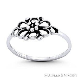 6-Petal Daisy Flower Charm Stackable Boho Ring in .925 Sterling Silver - Size 7